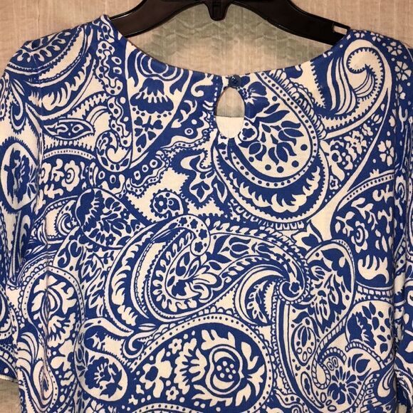 Talbots SP Knit White Blue Paisley Short Sleeve Knit Pullover Sweater Top - Picture 4 of 13
